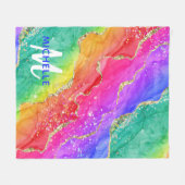 ブライトレインボー&金ゴールドフェイクグリッターアゲートモノグラム フリースブランケット (正面(横))