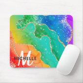 ブライトレインボー&金ゴールドフェイクグリッターアゲートモノグラム マウスパッド (マウス)