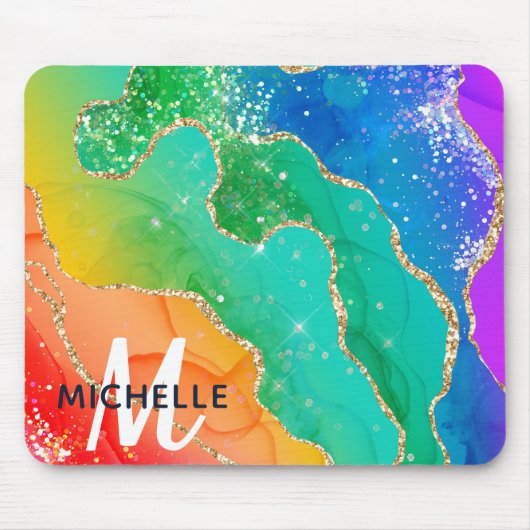 ブライトレインボー&金ゴールドフェイクグリッターアゲートモノグラム マウスパッド (正面)