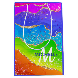 ブライトレインボー&金ゴールドフェイクグリッターアゲートモノグラム ミディアムペーパーバッグ