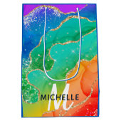 ブライトレインボー&金ゴールドフェイクグリッターアゲートモノグラム ミディアムペーパーバッグ (裏面)