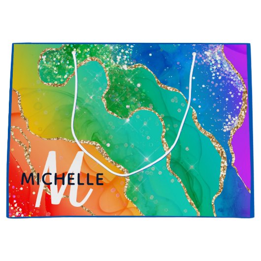 ブライトレインボー&金ゴールドフェイクグリッターアゲートモノグラム ラージペーパーバッグ (正面)