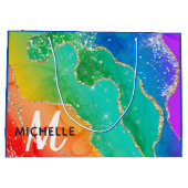 ブライトレインボー&金ゴールドフェイクグリッターアゲートモノグラム ラージペーパーバッグ (裏面)