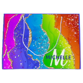 ブライトレインボー&金ゴールドフェイクグリッターアゲートモノグラム ラージペーパーバッグ