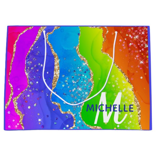 ブライトレインボー&金ゴールドフェイクグリッターアゲートモノグラム ラージペーパーバッグ (正面)