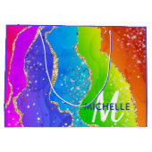 ブライトレインボー&金ゴールドフェイクグリッターアゲートモノグラム ラージペーパーバッグ (裏面)