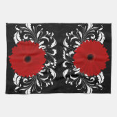 ブライトレッドガーベラデイジーオンブラック キッチンタオル (横)