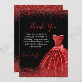 ブライトレッドドレスフェイクグリッタースウィート16誕生日 サンキューカード (正面/裏面)