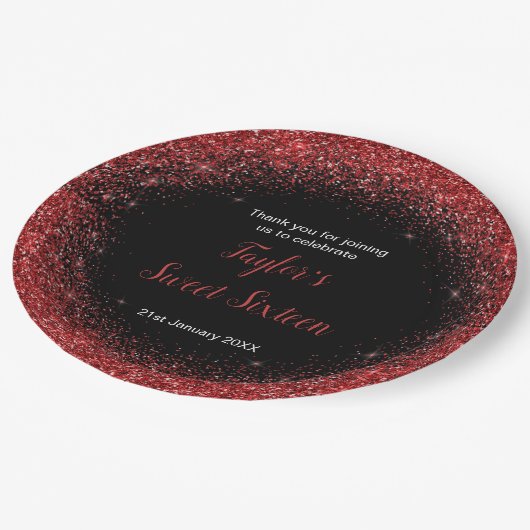 ブライトレッドドレスフェイクグリッタースウィート16誕生日 ペーパープレート (アングル)