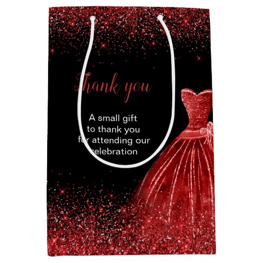 ブライトレッドドレスフェイクグリッタースウィート16誕生日 ミディアムペーパーバッグ (正面)