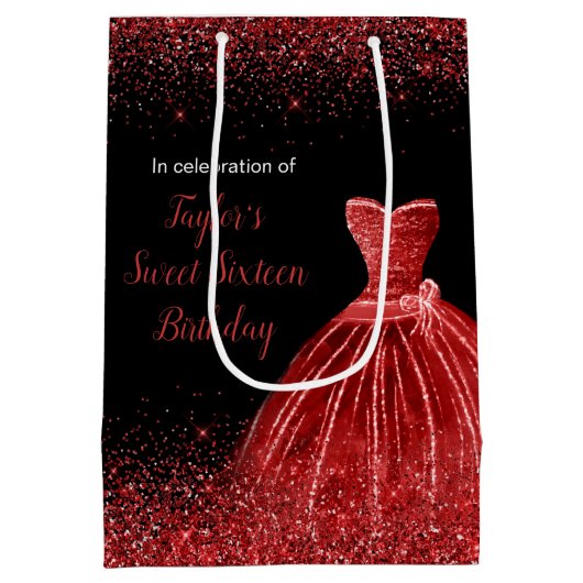 ブライトレッドドレスフェイクグリッタースウィート16誕生日 ミディアムペーパーバッグ (裏面)