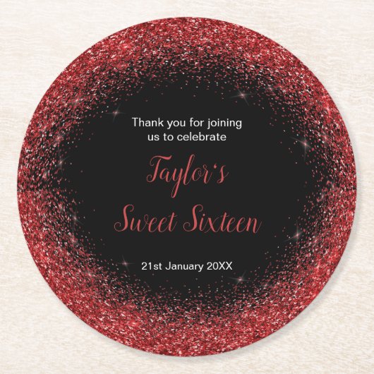 ブライトレッドドレスフェイクグリッタースウィート16誕生日 ラウンドペーパーコースター (正面)