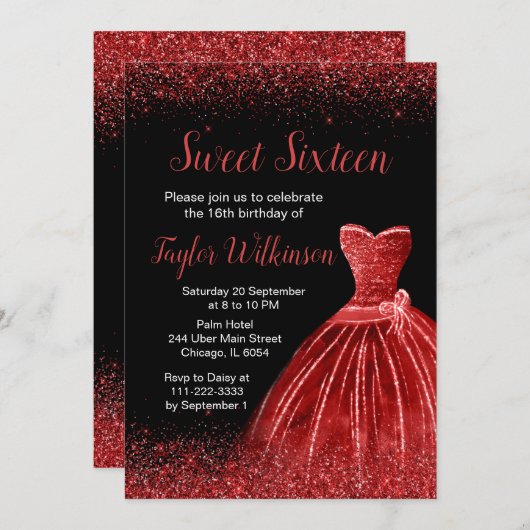 ブライトレッドドレスフェイクグリッタースウィート16誕生日 招待状 (正面/裏面)