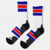 ブライトレッドホワイト&ブルーストライプのデザイン ソックス (左)