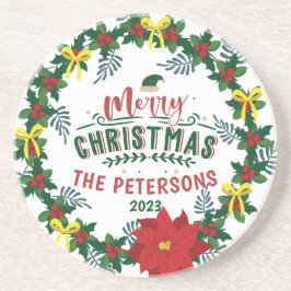 ブライトレッドポインセティアクリスマスファミリーリース コースター