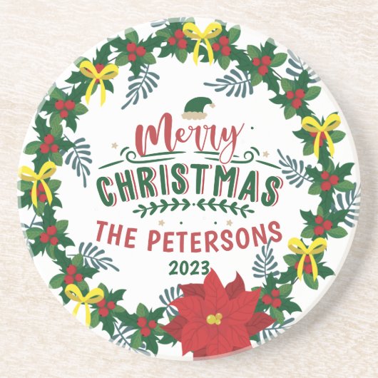 ブライトレッドポインセティアクリスマスファミリーリース コースター (正面)