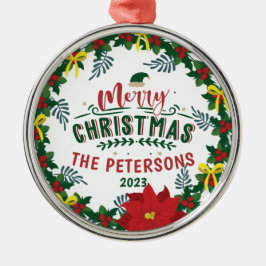 ブライトレッドポインセティアクリスマスファミリーリース メタルオーナメント