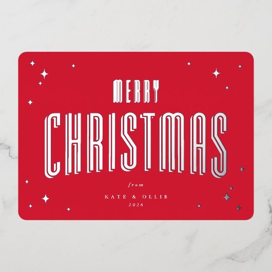 ブライトレッドメリークリスマスレトロスターズフラット 箔シーズンカード (正面)