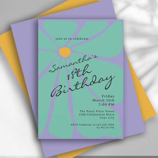 ブライトレトロフラワーパワー18誕生日 招待状
