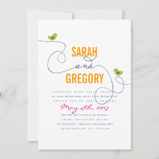 ブライトレトロラブバード結婚式招待状 招待状 (正面)