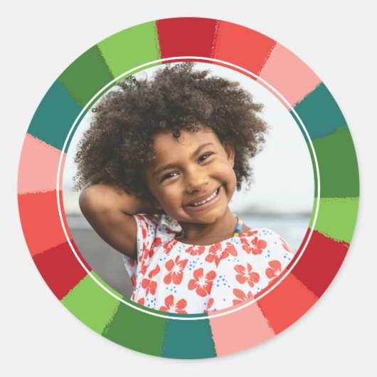 ブライトレトロレインボーカラーホイールフォトホリデー ラウンドシール (正面)