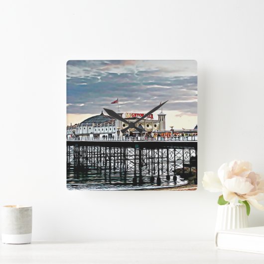 ブライトン桟橋と曇りスカイデジタ絵画ル スクエア壁時計 (ホーム)