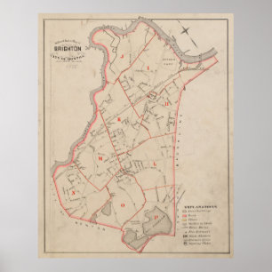 ブライトンMA (1885年)のヴィンテージの地図 ポスター