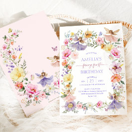ブライト春ワイルドフラワーフェアリー最初の1歳の誕生日 招待状