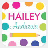 ブライト水玉模様ペンシルスクールラベル スクエアシール (正面)