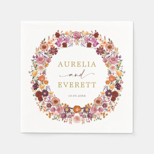 ブライト秋ワイルドフラワーガーデン結婚リース スタンダードカクテルナプキン (正面)