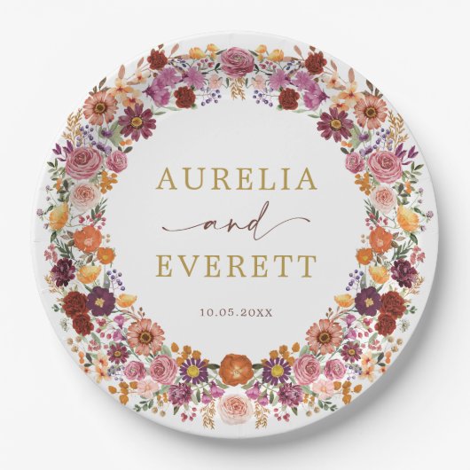 ブライト秋ワイルドフラワーガーデン結婚リース ペーパープレート (正面)
