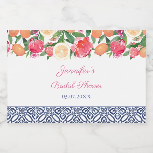 ブライト花模様シトラスとネイビーブライダルシャワーの恩恵 リキュールボトルラベル (シングルラベル)