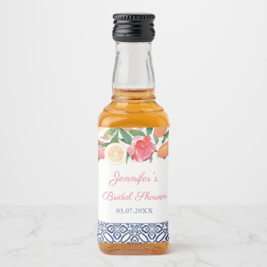 ブライト花模様シトラスとネイビーブライダルシャワーの恩恵 リキュールボトルラベル (正面)