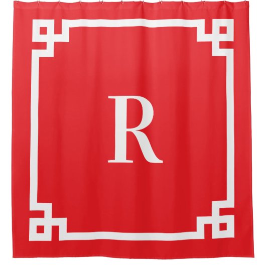 ブライト赤と白ギリシャ鍵シンプルモノグラム シャワーカーテン (正面)