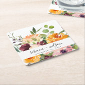 ブライト赤面イエローオレンジフローラバンチ結婚ーズ スクエアペーパーコースター (アングル)