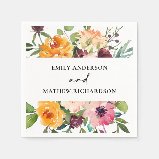ブライト赤面イエローオレンジフローラバンチ結婚ーズ スタンダードカクテルナプキン (正面)
