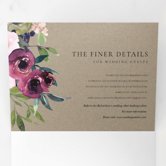 ブライト赤面バーガンディークラフトフローラバンチ結婚ーズ 三つ折り招待状 (内部最初)