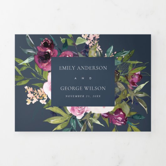 ブライト赤面ブルゴーニュ海軍フローラバンチ結婚ーズ 三つ折り招待状 (カバー)