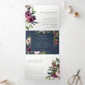 ブライト赤面ブルゴーニュ海軍フローラバンチ結婚ーズ 三つ折り招待状 (内部)