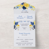 ブライト金ゴールドネイビーブルーフローラブーケ結婚ス オールインワン招待状 (内側)