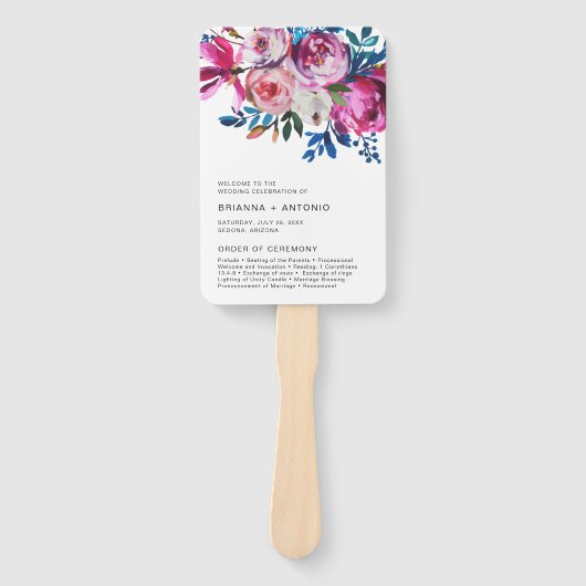 ブライト鮮やかピンクフローラモダン結婚式 プログラム ハンドファン (正面)