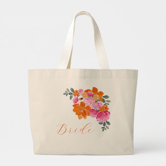 ブライト鮮やかピンク&オレンジフローラブライド結婚ズ ラージトートバッグ (裏面)