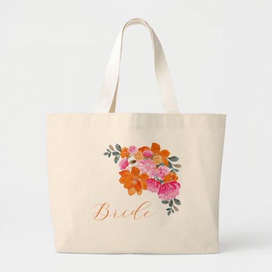ブライト鮮やかピンク&オレンジフローラブライド結婚ズ ラージトートバッグ (正面)