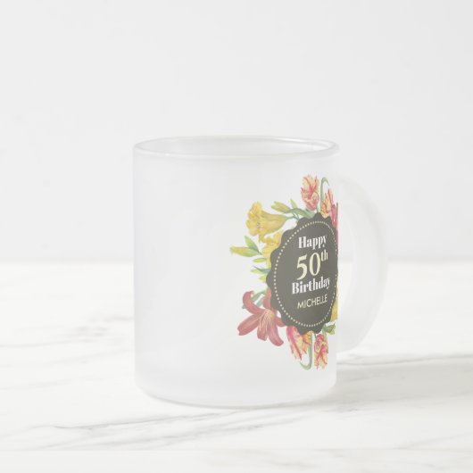 ブライト鮮やか春の花リース誕生日 フロストグラスマグカップ (正面右)