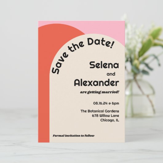 ブライト70sスタイルピンク&オレンジ日付を保存 招待状 (スタンド正面)