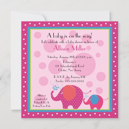 ブライト&おもしろいエレファントベビーシャワー 招待状 (正面)