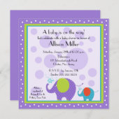 ブライト&おもしろいエレファントベビーシャワー 招待状 (正面/裏面)