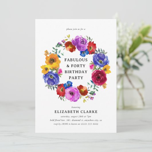 ブライト&はっきりしたフローラリース40th誕生日パーティー 招待状 (スタンド正面)