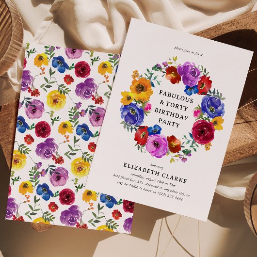 ブライト&はっきりしたフローラリース40th誕生日パーティー 招待状