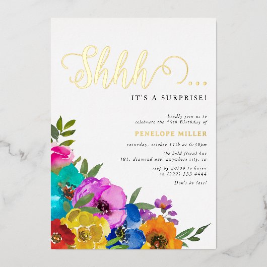 ブライト&はっきりした花模様シーサプライズ誕生日金ゴールド 箔招待状 (正面)